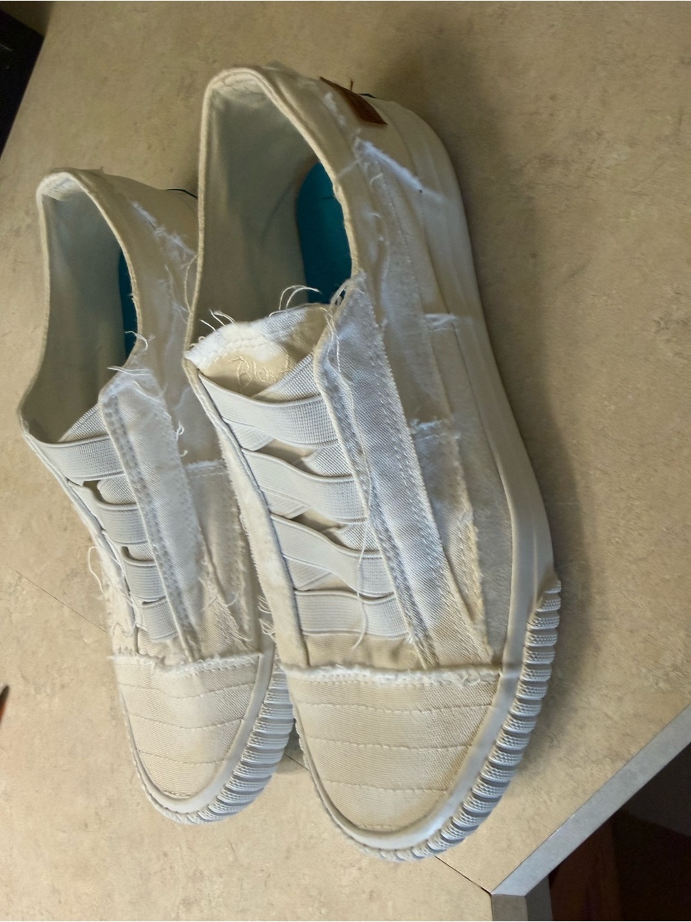 Women’s White Frayed Canvas Slip-On Sneakers with Elastic Panels